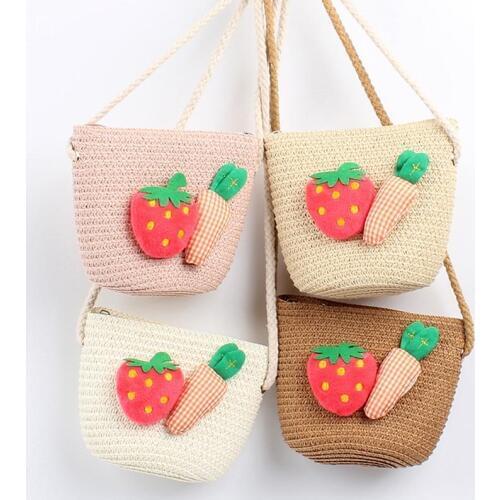 Fashion Summer Children Girls Shoulder Bag Cute Strawberry Straw Messenger Bag Kids Keys Coin Purse Cute Princess Mini Handbag