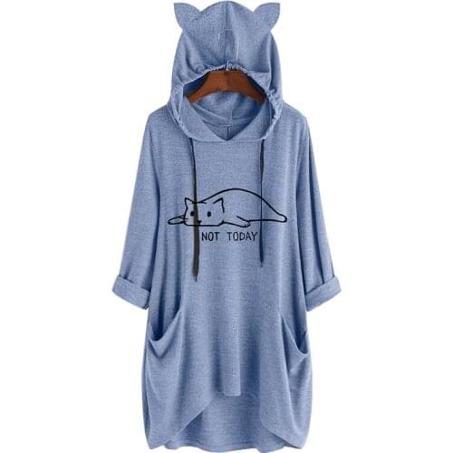 Solid Color Animal Print Long Sleeve Pocket Three Quarters Sleeve Cat Ear Hoodies Women Casual Loose Streetwear Pullovers Tops