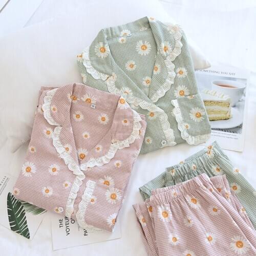 Women Spring Pajamas Cotton Gauze Long Sleeve Sleepwear Plaid Flower Print Nightwear Two Piece Set Loungewear Home Clothing 2020