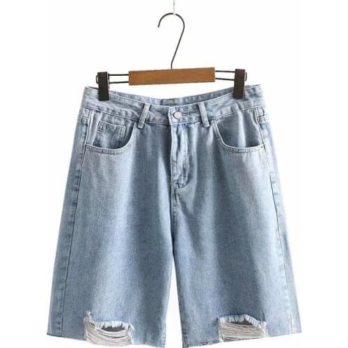 Plus Size XL-4XL Womens Blue Denim Shorts Casual Wide Leg Summer Shorts with Big Holes&Pockets
