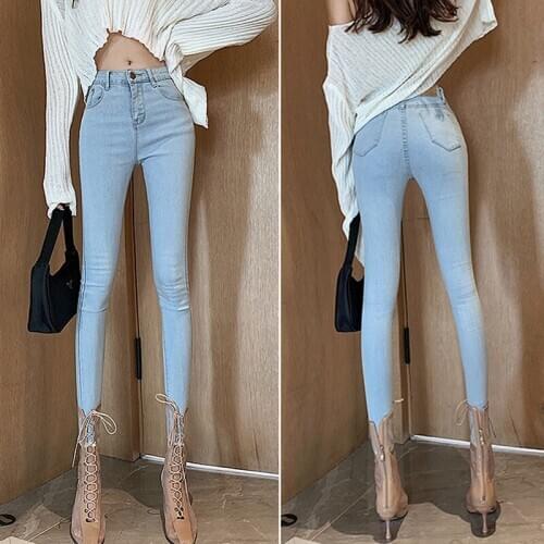 WomenS Style Fashion High Waist Slim Slim Stretch Denim Trousers Feet Pants Blue