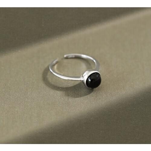 YPAY 100% Genuine 925 Sterling Vintage Black Round Agate Open Rings for Women Fine Jewelry Gift YMR069