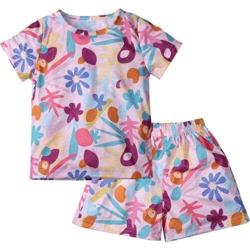 Girls Casual Two-piece Nightwear Set Pink Round Collar Short Sleeve Tops and Elastic Waist Shorts