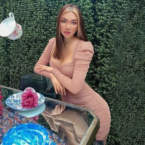 Womens 2021 Hot Sale Womens V-neck Long Sleeve Mid-length Muslim Dress Puff Sleeve Sexy One-piece One-piece Dress Korea