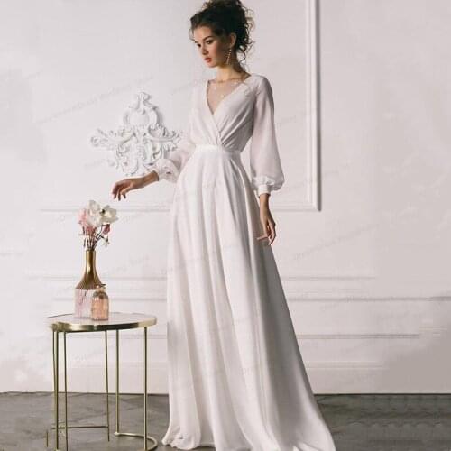 Bohemian Simple Elegant Chiffon Wedding Dress 2021 V-Neck For Women Long Sleeve Wedding Gowns for Bride Vestidos De Noiva Custom