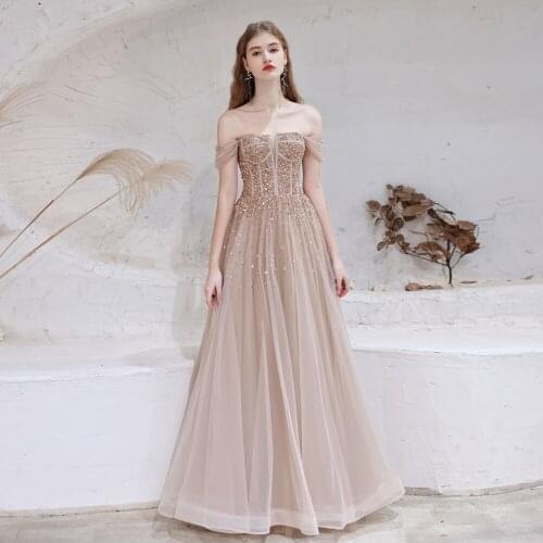 Beauty Emily Elegant Heavy Sequined Off the Shoulder Evening Dresses Lace Up Back Prom Gowns For Women 2021 New Tulle Vestidos