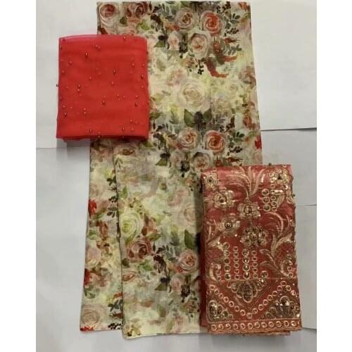 2+2+5 yards Hot Selling Satin Silk Lace Fabric India Design African Wax Pattern Fabric Nigerian George fabric For Dress Wedding