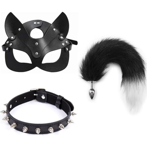 3pcs 40CM Fox Tail Anal Plug Collar sexy cat mask Exotic Sex Products For Adults Games Bondage BDSM Sex Toys For Women