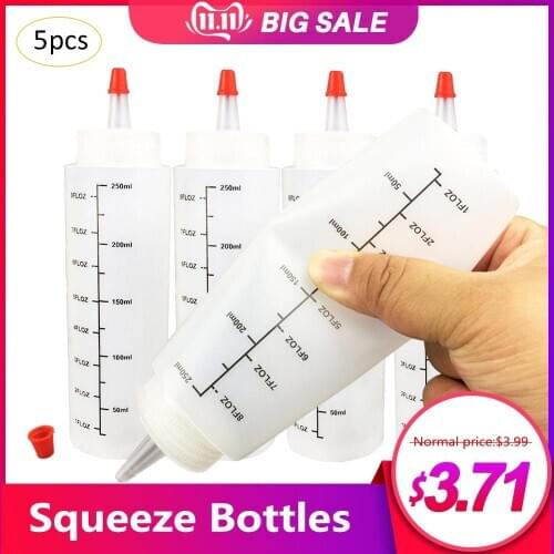 5PCS 250ML Squeeze Squirt Condiment Bottles With scale Squeeze Ketchup Mustard Mayo Hot Sauces Olive Oil Bottles Kitchen Gadget