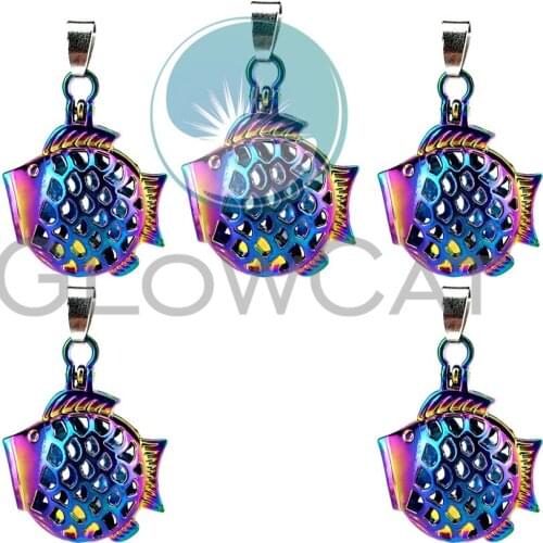 5X C126 Rainbow Ocean Fish Beads Cage Essential Oil Diffuser Oyster Pearl Cage Magnetic Buckle Locket Pendant