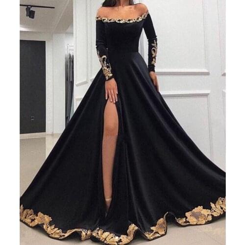 Arabic Off the Shoulder Prom Dresses 2020 Satin High Split Long Sleeve Evening Dress Appliqued Formal Party Pageant Gowns