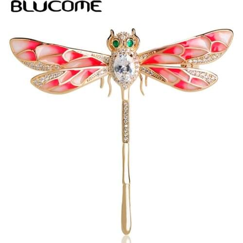 Blucome Luxury Copper Pink Enamel Full Rhinestones Dragonfly Brooches For Women Lady Shirt Scarf Suit Accessories Gold Color Pin