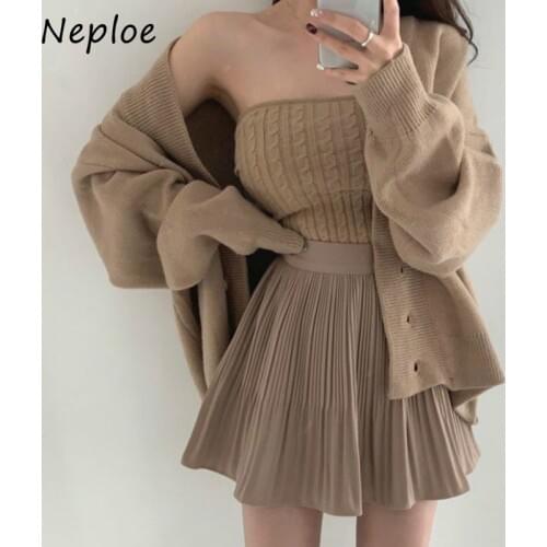 Neploe Chic Elegant Suit V-neck Knitted Cardigans Sweaters + Twist Patchwork Strapless + High Waist Pleated Skirts 3 Piece Set