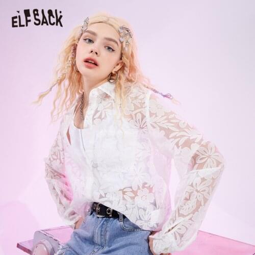 ELFSACK Floral Organza Chic Casual Sweety See-Through Shirt Women,2021 Summer Vintage Lantern Sleeve Princess Basic Daily Top