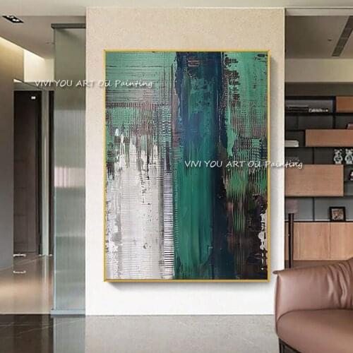 The Best Handmade Green Blue Simple Nature Oil Paintings On Canvas Creative Gray Wall Art Pictures For Home Living Room Decor