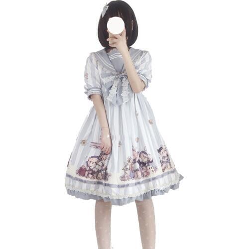 Stripe sweet lolita dress cute printing sailor collar bowknot lace hollow victorian dress kawaii girl gothic lolita op lo