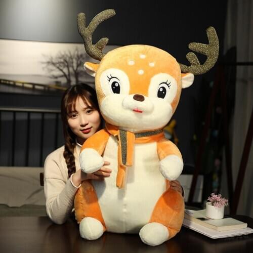 Cute cartoon sika deer doll big animal sitting posture deer plush toy scarf elk for Christmas children gift deco 31inch 80cm