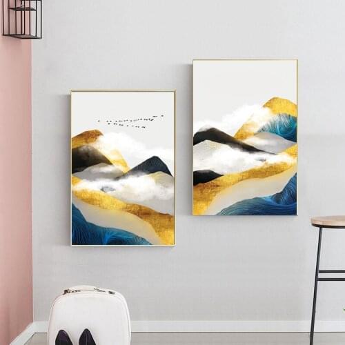 Nordic Abstract Geometric Mountain Landscape Wall Art Canvas Painting Golden Art Poster Print Wall Picture for Living Room