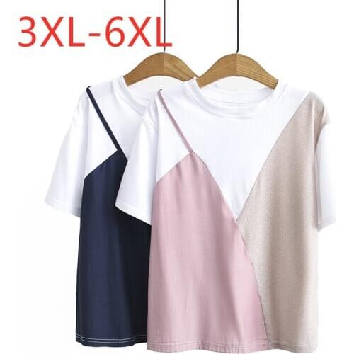 New 2021 summer plus size tops for women large loose casual short sleeve cotton patchwork O neck T-shirt pink 3XL 4XL 5XL 6XL