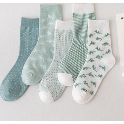 New Ins Green Cotton Socks Women Dot Tree Long Socks Girls Autumn Warm Funny Socks Ankle Female Dress Calcetines