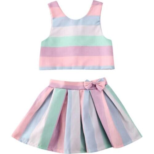 Toddler Baby Girls Clothes Vest Tops + Tutu Skirts Party Outfits Sets Summer Rainbow Stripes Children Clothing