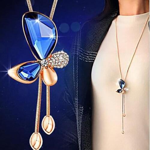 Natural Crystal Butterfly Sweater Chain Necklace Long Chain Necklace Women Female Fashion Jewelry