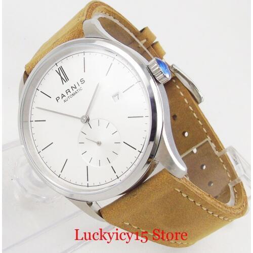 PARNIS 42mm White Dial Automatic Men Wristwatch Date Window Round Polished Case High Quality Watch