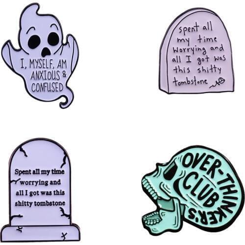 Overthinking Anxiety Pin Tombstone Ghost Badge Goth Style Mental Health Accessory