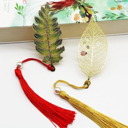 Leaf vein Brass Bookmark Tassel Pendant Retro Book Clip Metal Pagination Mark Student Gift Stationery School Office Supplies