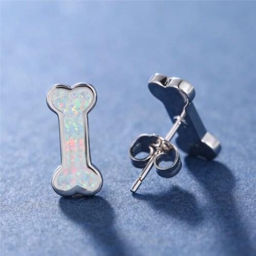 Cute Small Dog Bone Shape Stud Earrings Fashion Female Rose Gold Double Earrings White Blue Opal Earrings For Women