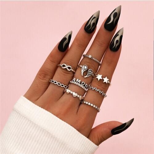 VAGZEB Boho Silver Color Star Wing Heart Rings Set For Women Vintage Letter Finger Ring Female Bohemian Jewelry Gifts