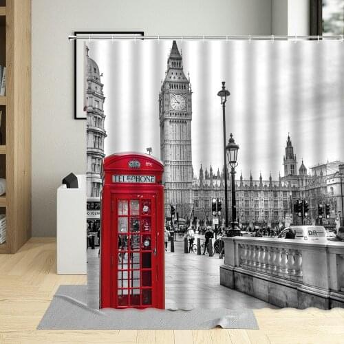 London Big Ben Red Telephone Booth Retro Bathroom Shower Curtain Waterproof Polyester Fabric Bathtub Curtains For Art Home Decor