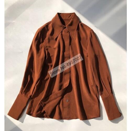 Women High Quality Silk Stylish Topstitching Long Sleeve Solid Color Blouse Shirt