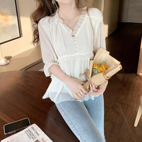 Womens Tops and Blouses 2021 Cotton Linen Blouse Button Solid V-neck Ladies Lace Tops Women Shirts