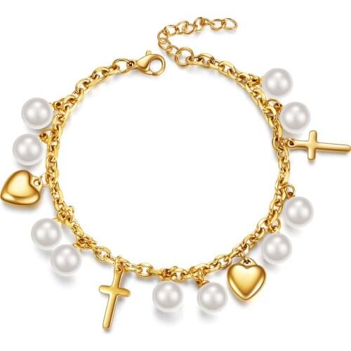 Women New Cross Pearl Heart Charms Bracelet Bohemia Gold Color Stainless Steel Link Chain Bracelets Fashion Jewelry