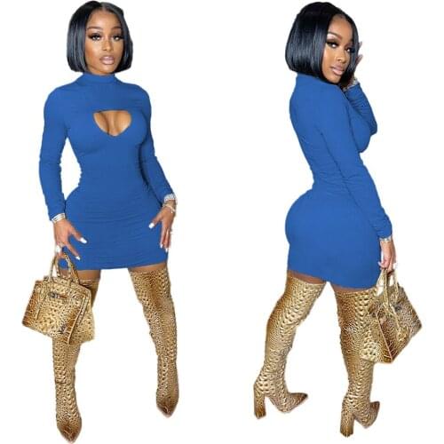 Women Turtleneck Hollow Out Dress Casual O-neck Full Sleeve High Waist Bodycon Mini Dresses 2021 Autumn Solid Plus Size Vestidos