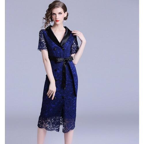 Womens Dresses New Arrival 2019 Lace Sexy Party Pencil Dress Midi Long Double-Breasted Sashes Robe Femme Ete Vestidos DD1686 S