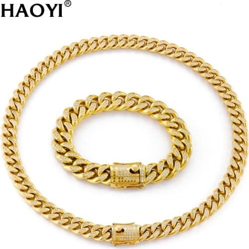 Gold Necklace +Watch+Bracelet Hip Hop Miami Curb Cuban Chain Gold Full Iced Out Paved Rhinestones CZ Bling For Men Jewelry Set