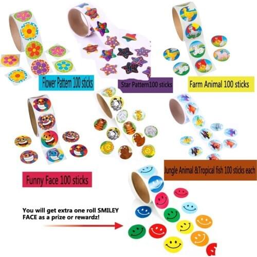 Free ship Fancy 6 rolls 100 sticks each stickers asst Smiley face Jungle Farm Animal Star Tropical fish Flower kids party favors
