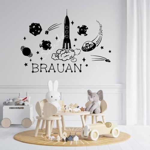 Free shipping Custom name Rocket spaceship Vinyl Kitchen Wall Stickers Wallpaper Kids Room Nature Decor Wall Art MURAL