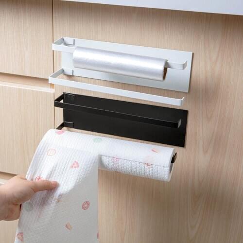 Double Rods Kitchen Metal Paper Towel Rack No Punching Plastic Wrap Bag Storage Racks Wall-Mounted Roll Holder