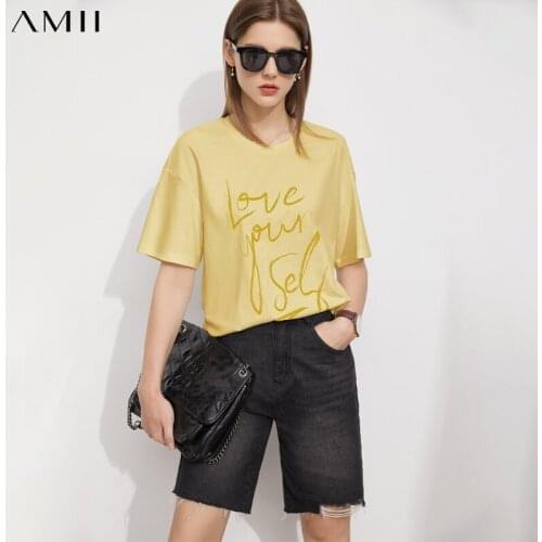 Amii Minimalism Summer Womens Tshirt Fashion 100%cotton Oneck Letter Print Loose Womens Tops Causal Tshirt For Women 12140402