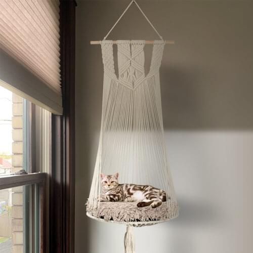 Cat Hammock Hanging Basket Hand-Woven With Mat Macrame Swing Bed Pet House Bohemian Handwoven Hammock Swing Bed Pet House