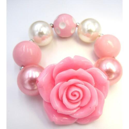 2pcs Girls Birthday Party Dress UP Pink Resin Rose Flower Charm Beaded Bracelets Kids Elastic Wristband Bracelet Gift For Child