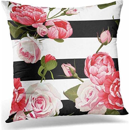 Throw Pillow Covers Colorful Floral Peony and Roses Black and White Stripes Flowered Pink Abstract Decorative Pillow Case Home D