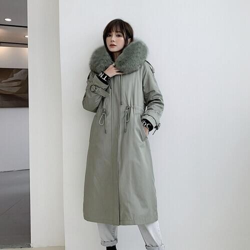New windbreaker womens mid-length detachable rabbit fur liner fox fur collar hooded casual fashion coat