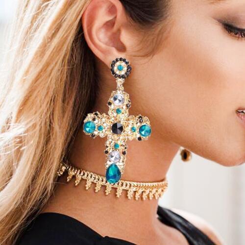 New Arrival Vintage Black Pink Crystal Cross Drop Earrings for Women Baroque Bohemian Large Long Earrings Jewelry Brincos 2020