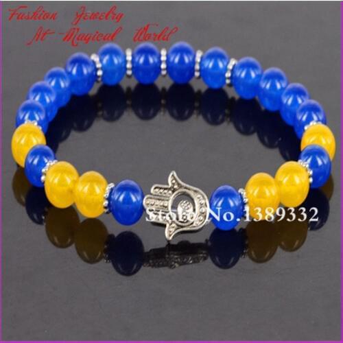 New Style! Blue with Yellow Crystal Nature Beads Bracelet Nature Gems Beads Bracelet Hamsa Fatima Hand Charm Bracelet