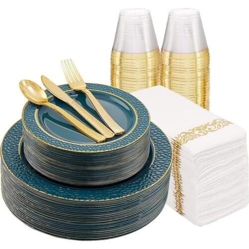 70 Pieces of Disposable Tableware Green Plastic Plate Golden Plastic Silverware Cup Napkin Combination Wedding Party Supplies