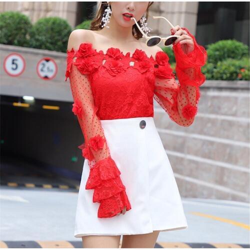 Autumn Sweety Girl Off Shoulder Chiffon Polka Dot Blouse Slim Women Slash Neck Lace Shirts Flare Sleeve Blousas Pullovers WZ640